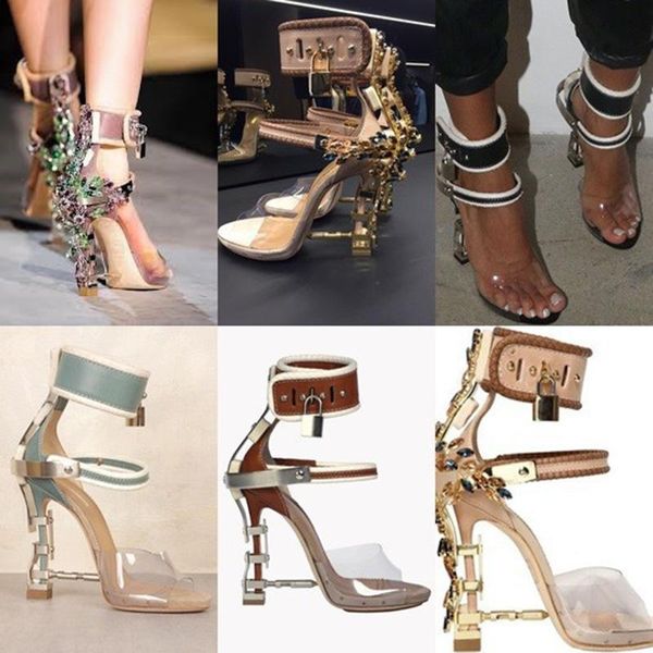 

Sandalia Feminina Luxury металла Высокий каблук Кристалл Дизайнерская обувь женщина ПВХ Гладиатор сандалии Замок Bejeweled лодыжки ремень Rhinestone сандал.