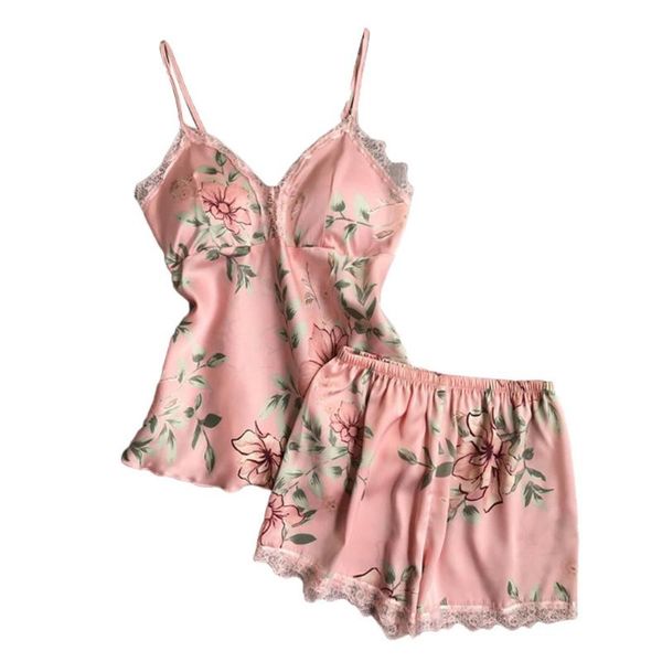 

women floral leaves print sleepwear set padded camisole lace trim elastic shorts pijamas femmes seamless underwear nightwear, Black;red