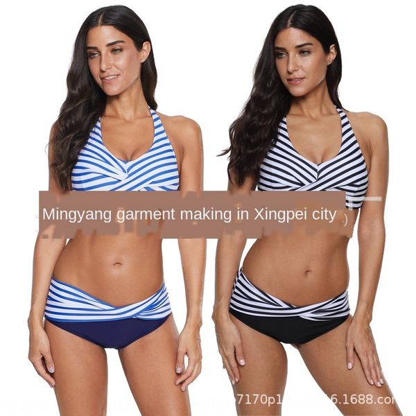 

2020 women's gathering swimsuit bikini bikini navy blue strip split swimsuit, White;black