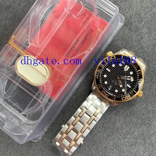 

men's 41mm vsf automatic cal 8800 diver black 300m co-axial black ceramic base plate dial wavy textured two tone 18k yellow gold watche, Slivery;brown