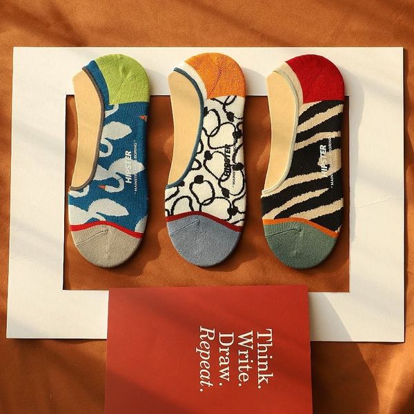 

spring and summer the new women loafer socks tide retro personality jacquard invisible socks female non-slip short boat, Black;white