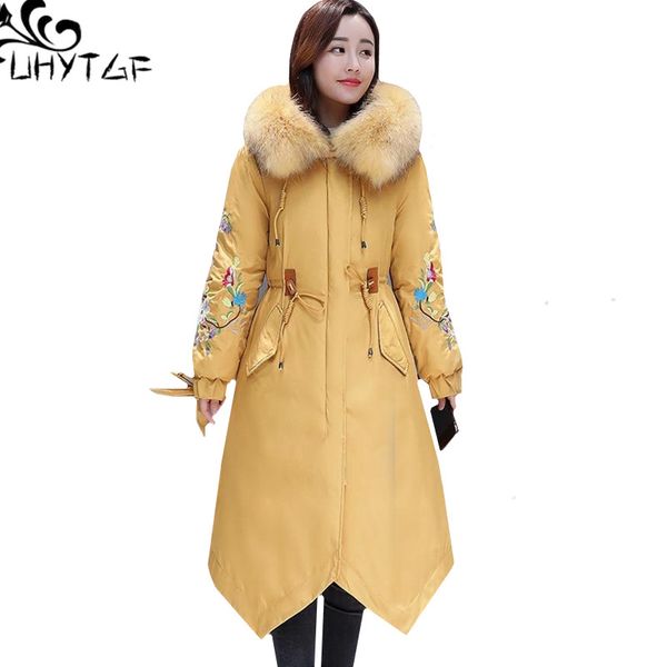 

uhytgf plus size winter jacket big fur collar hooded warm long outerwear parker women bow embroidery loose snow cotton coat 1093, Black