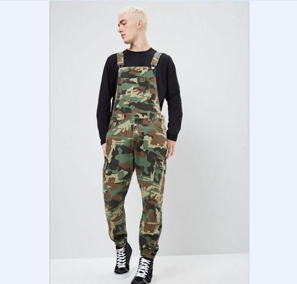 

mens ripped jeans jumpsuits camouflage distressed denim bib overalls for man suspender jogger cargo pockets jeans pants, Blue