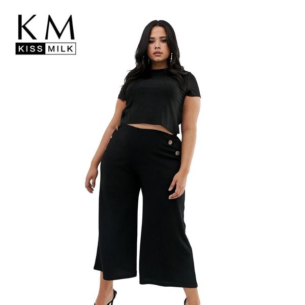 

kissmilk plus size women pants solid black loose casual hit color button practical pocket wide leg pants, Black;white