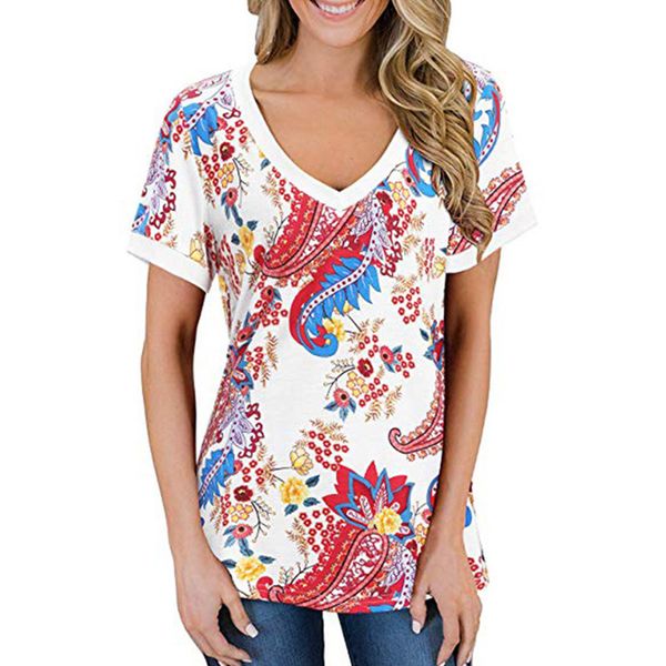 

women's t-shirt women summer v-neck lady casual t shirt plus size streetwear leopard flowers print short sleeve loose tees, White