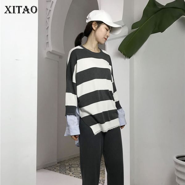 

xitao striped women sweater korea fashion new women 2019 autumn pullover wild joker o neck elegant irregular plus size wld2150, White;black