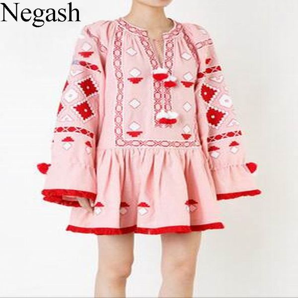 

negash design new autumn dress for women vintage national style embroidery dresses casual loose chic tassel dresses vestidos, Black;gray