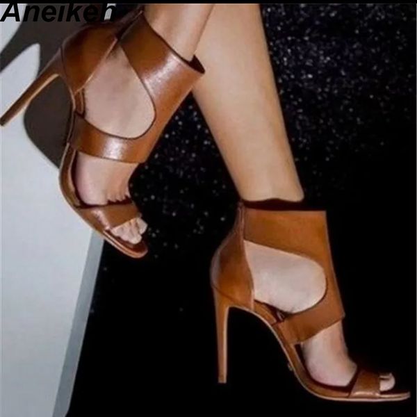 

aneikeh 2019 new pointed pu sandals high heels summer fashion ladies open toe zipper bag with party high heel sandals brown, Black