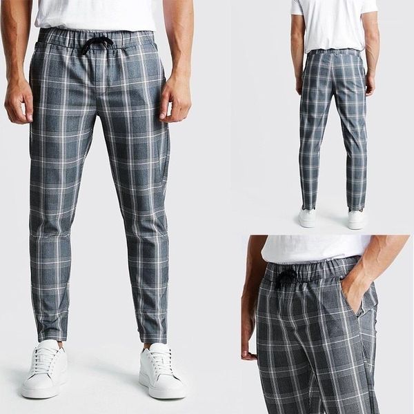 

fashion panelled drawstring mens casual pants males trousers males clothing plaid print mens designer jogger pants, Black