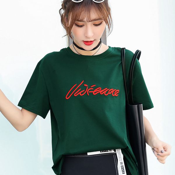 

embroidery letter women t shirt green short sleeve 2018 summer t-shirt black white slit cotton loose tees female 2622ly