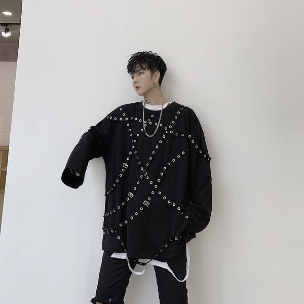 

men long sleeve ribbon rivet splice loose casual punk t shirt male hip hop streetwear gothic fashion tshirt harajuku tees shirts, White;black