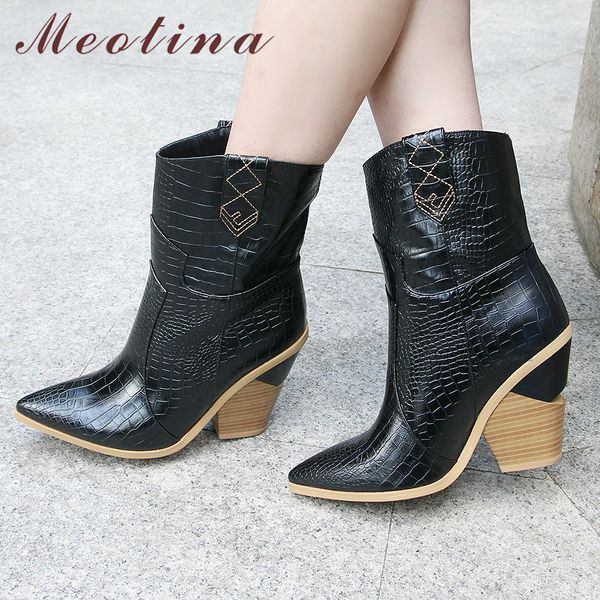 

meotina brand women boots winter mid-calf boots strange style high heel western pointed toe shoes ladies autumn size 33-46, Black