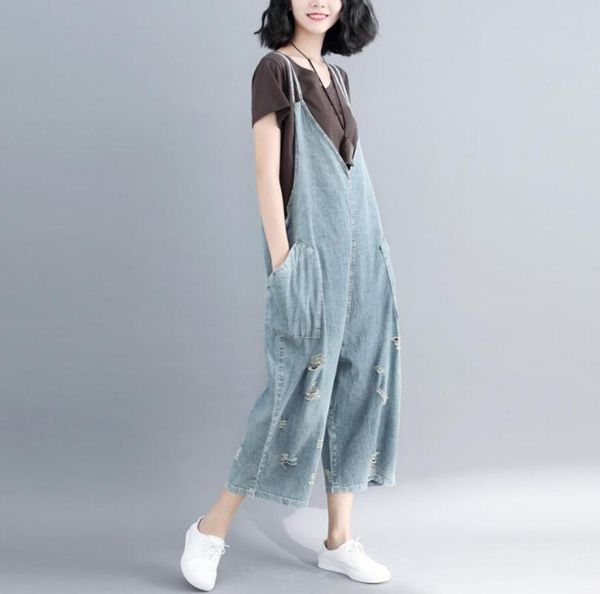 

2020 spring loose denim rompers womens vintage pockets suspender denim jumpsuit pants ripped overalls jeans r321, Black;white