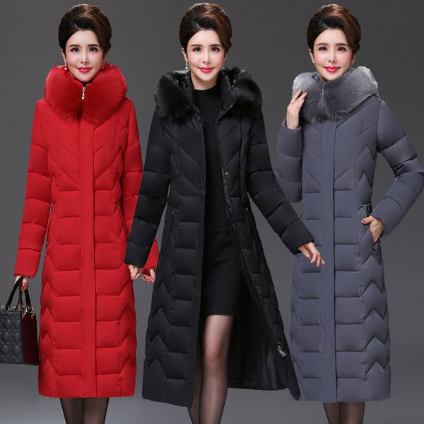 

women's down & parkas 2021 winter middle age women korean cotton padded coat female big fur hooded elastic waist jacket thicken long a2, Black