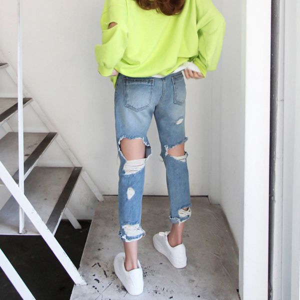 

ripped womens jeans denim blue skinny high waist pencil pants zippers ankle- length trousers