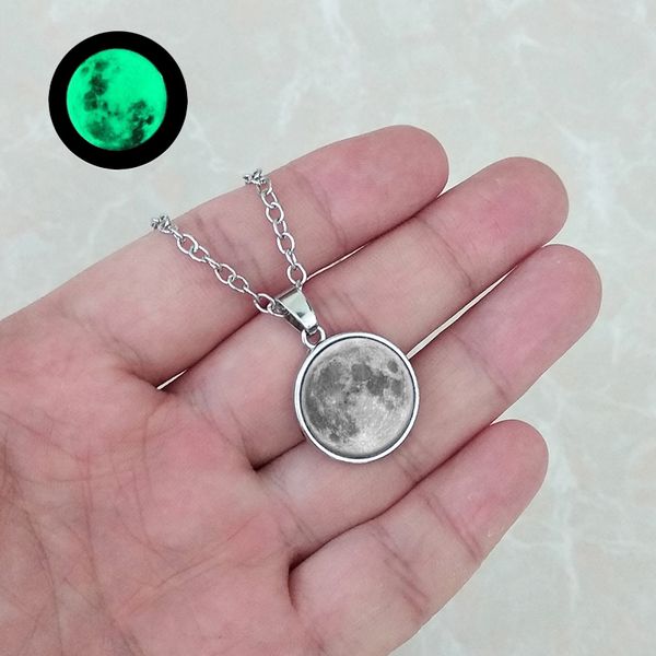 

glow in the dark moon necklace 18mm galaxy planet glass cabochon pendant necklace silver chain luminous jewelry women gifts