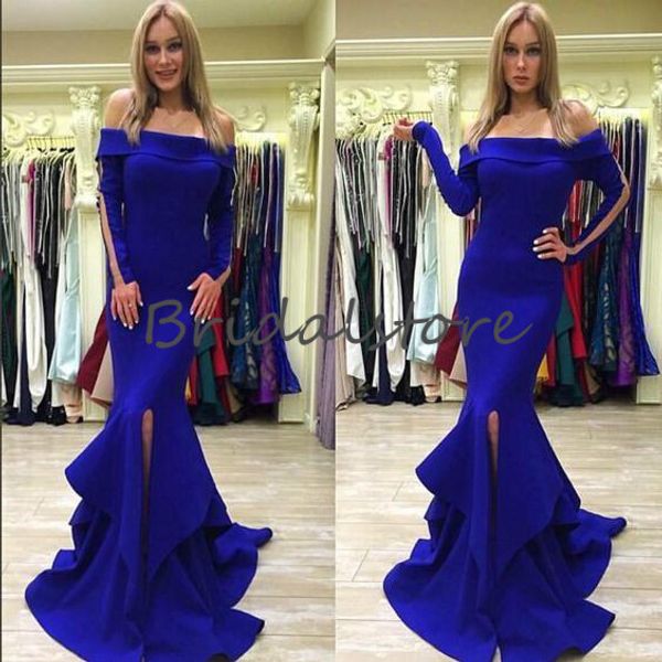 

charming royal blue mermaid prom dresses off the shoulders long sleeves evening dresses fishtail ruffles slim front slits formal party dress, Black