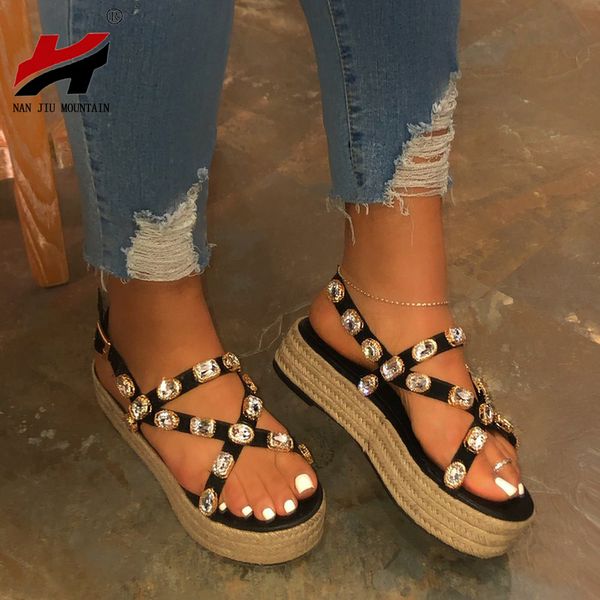 

nan jiu mountain 2020 platform sandals handmade rhinestones summer open toe sandals women comfortable plus size 35-43 y200620, Black