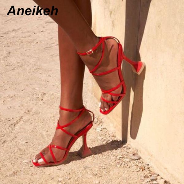 

aneikeh red women shoes peep toe thin high heels sandals summer party wedding dress shoes cross strap ankle buckle sandals, Black
