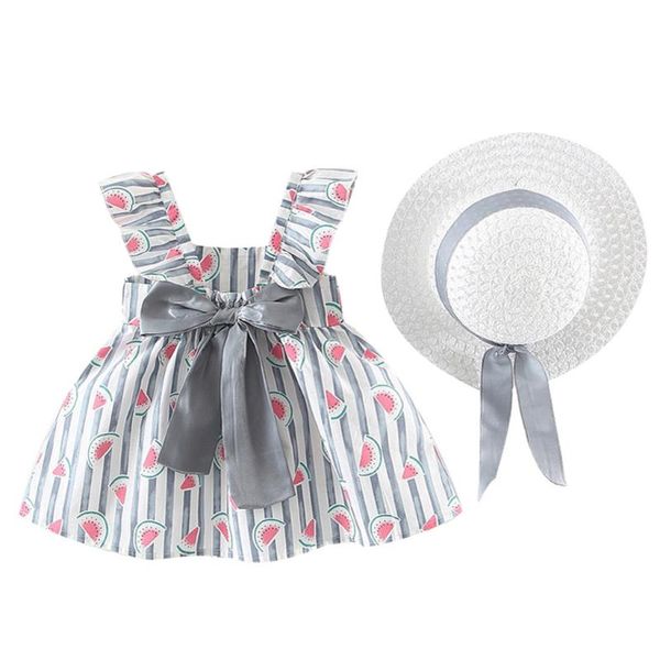 

spring summer girls clothing dress child sleeveless pleated sling bow stripe watermelon print princess dress and straw hat set, Red;yellow