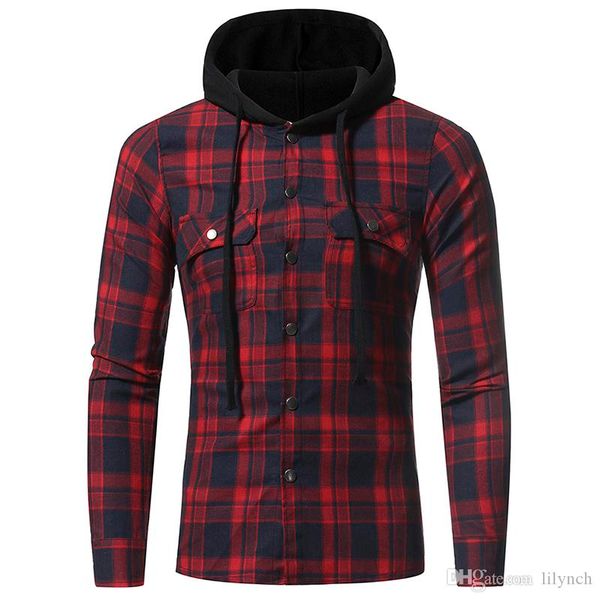 

2017 autumn and winter men's new flannel large plaid double pocket hooded casual men's plaid long-sleeved shirt