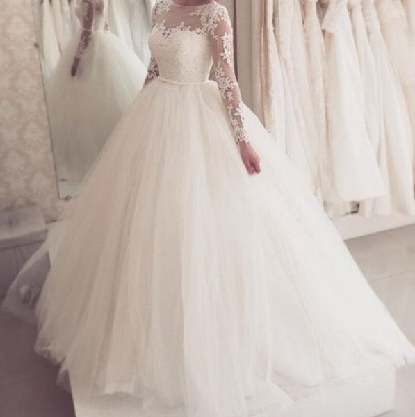 Dentelle Tulle Robe De Bal Modeste Robes De Mariée Avec Manches Longues Princesse Pays Western Formelle Robes De Mariée Couture Sur Mesure