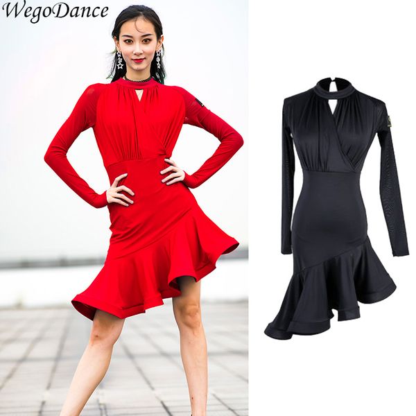 

new latin dance dresses long sleeve latin competition dress for women, Black;red