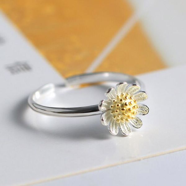 

cute romantic daisy open rings for women statement real 925 sterling silver adjustable ring party gifts accessories, Golden;silver
