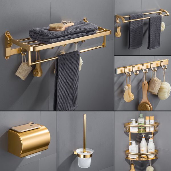 

brushed gold bathroom hardware set toilet brush holder space aluminum towel rack shelf wall tissue box corner shelf
