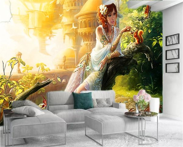 Personalizado alguma tamanho Wallpapers 3D Fantasia Castelo Squirrel and Flower Fairy Paisagem Silk Moisture-proof Romantic Wallpaper