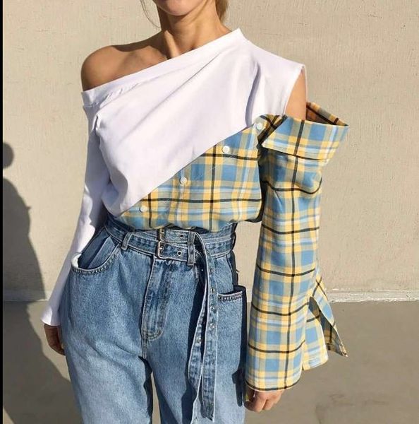 

women shirt irregular patchwork color matching flare sleeve women blouses asymmetry lattice black white shirt 2019 new