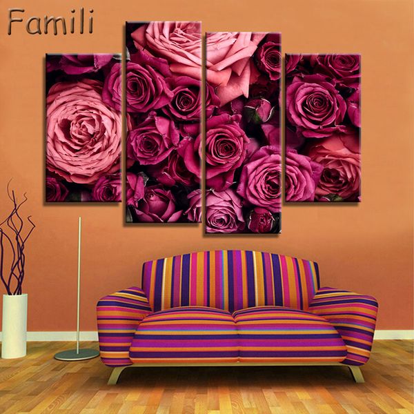 

4 pcs Rose Flower Paintings Modern Canvas Print Painting Home Decor Wall Art Picture For Living Room Modular picture (Unframed)