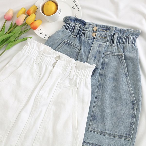 

elastic waist summer women denim skirt pockets white high waist jeans skirts a-line casual ruffles female mini saia mujer, Black