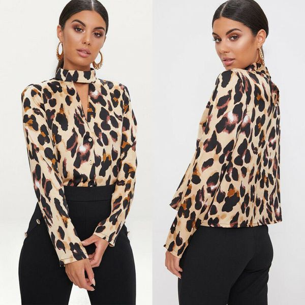 

fashion women halter choker leopard blouse shirts ladies casual long sleeve print plus size blouses shirts blusas 2xl, White