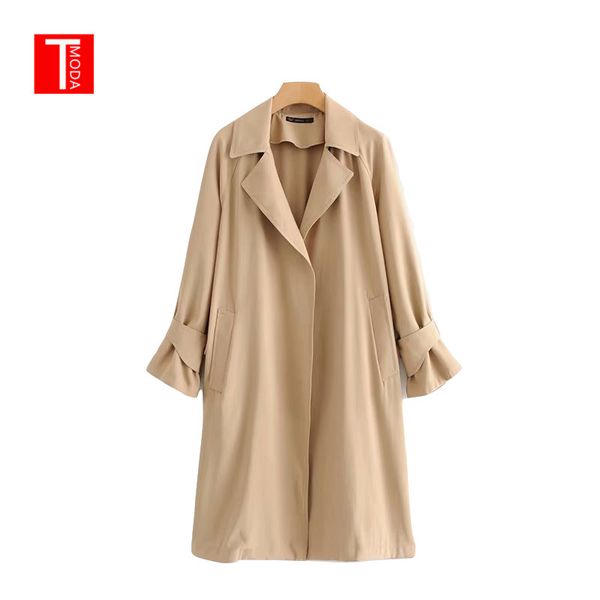 

2019 autumn winter women khaki trench turn-down collar flare sleeve open stitch outwear new casual coat long women clothing, Tan;black