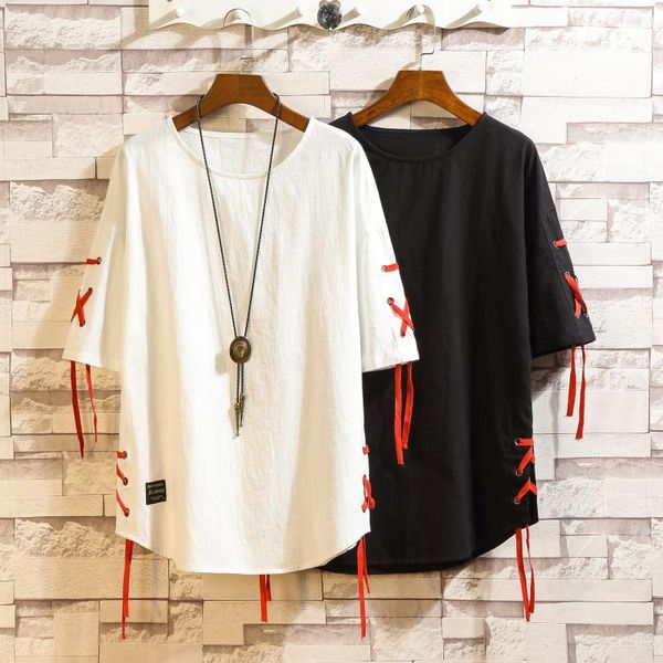 

streetwear t shirt men cotton hip hop ribbons t-shirt short sleeve summer mens tshirt, White;black