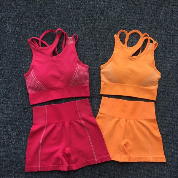 

yoga set women sleeveless sport suit workout gym clothes fitness sports bra high waist shorts 2 piece utra seamless sportswear, White;red
