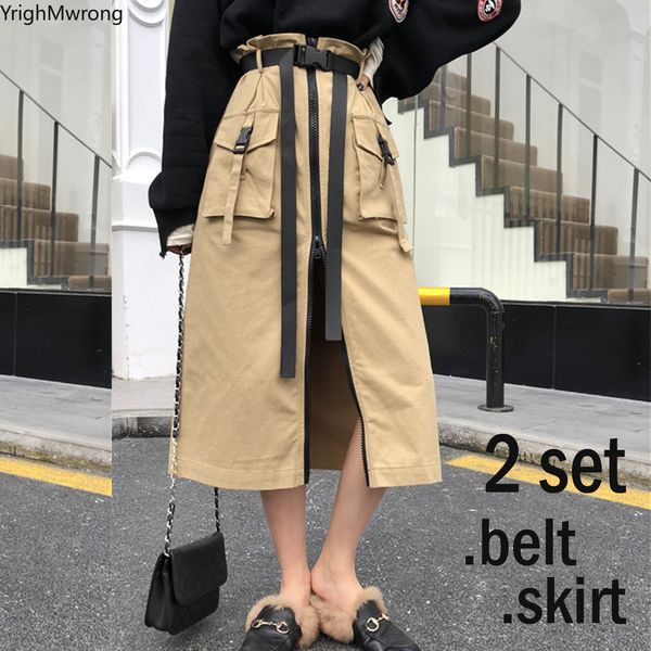 

high waist cargo belt sashes pocket zipper split a-line khaki camo midi long skirt streetwear fashion elegant summer women, Black;gray