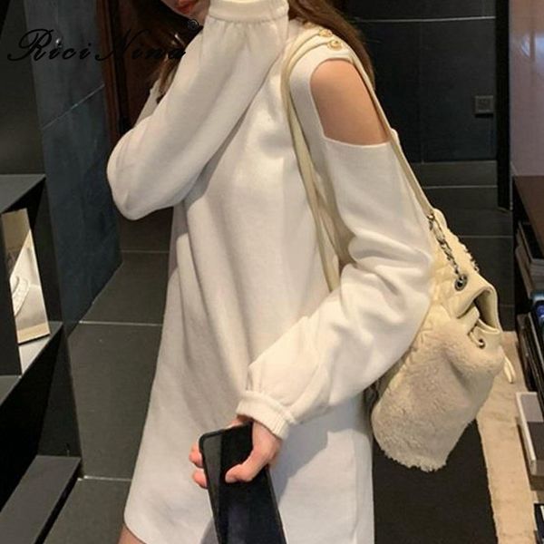

ricinina long sweater women oversized pullover buttons hollow out solid ealegant sweaters women knitted jumper woman 2020, White;black