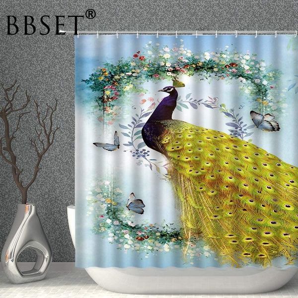 

peacock shower curtain peafowl with golden feather flower butterfly pattern waterproof multi-size cortina de bano bathroom decor