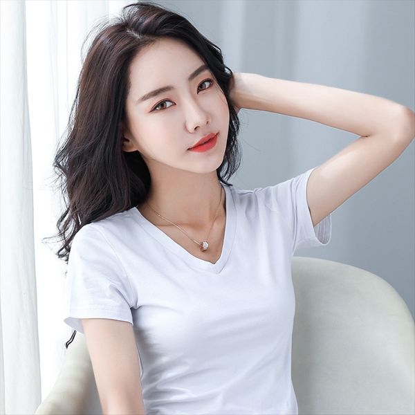 

summer 2020 women's loose t-shirt all-match student leisure harajuku elastic solid color short-sleeved t-shirt women, White