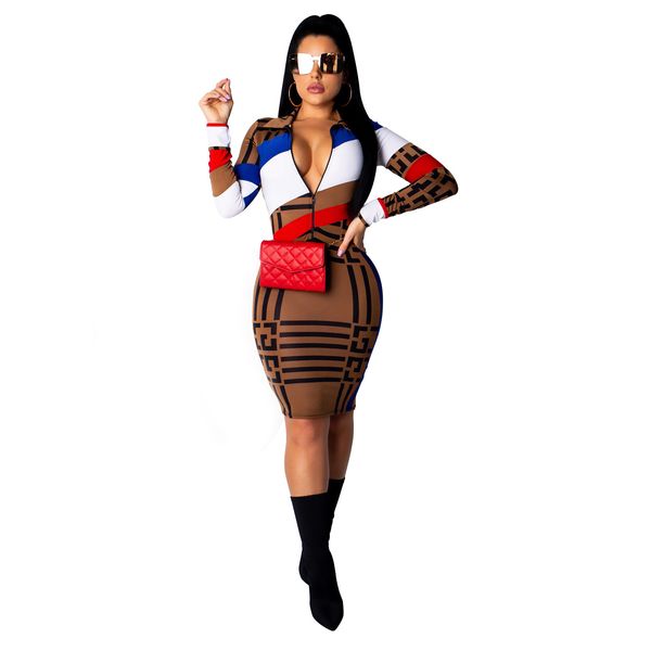 

lapel neck cool zipper panelled print womens designer dresses summer long sleeve bodycon dresses fashion club ladies dress, Black;gray