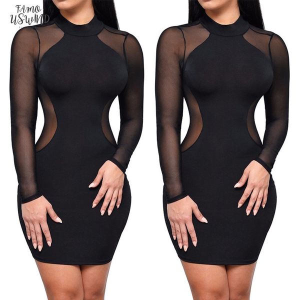 

fashion women lady dresses clothing bandage bodycon transparent long sleeve brief solid party women mini dress, Black;gray