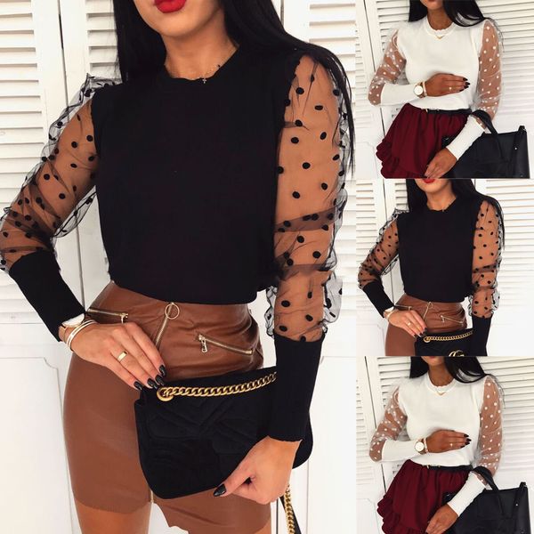 

women see through sheer mesh long sleeve party club blouse tee t-shirt, White