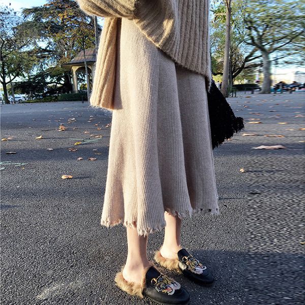 

2019 autumn kintted skirt women casual elastic high waist pleated skirts femme faldas saia a-line skirts jupe femme streetwear, Black