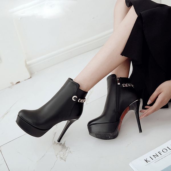 

new high heels ankle women boots metal decoration round toe footwear zip female boot platform shoes women, Black