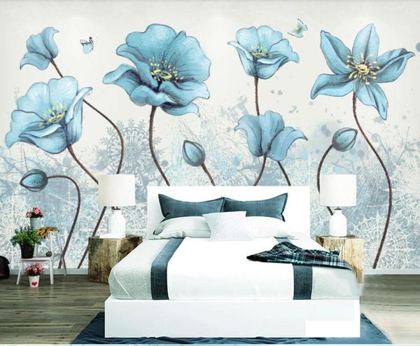 

европейский vintage голубой цветок стены mural для гостиной обои art decor wall papel de parede papers floral