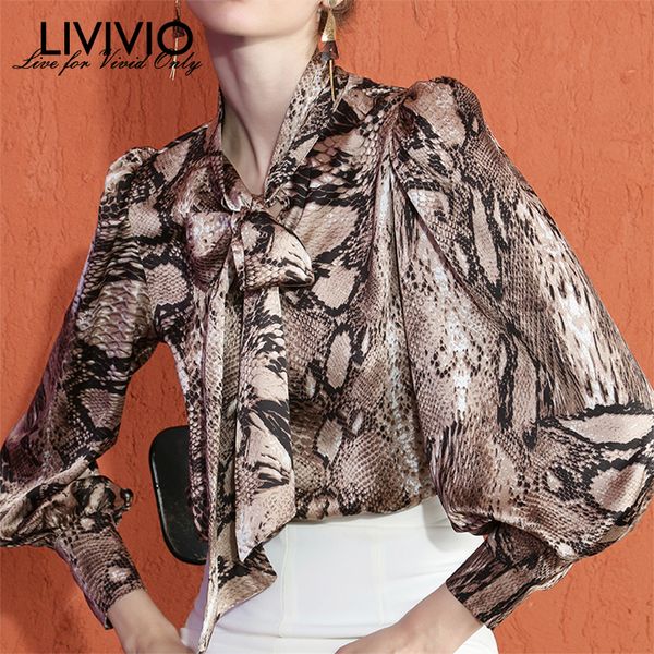 

livivio] snake print bow collar lantern long sleeve blouse women shirt 2019 autum female fashion clothing, White