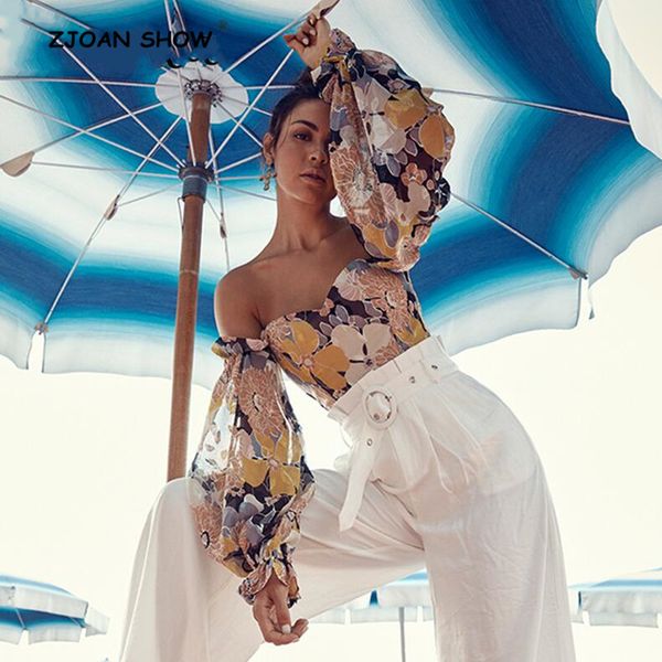 

2020 retro colorful floral print tee vintage off shoulder blouse women france long sleeve short t-shirt crop tees, White