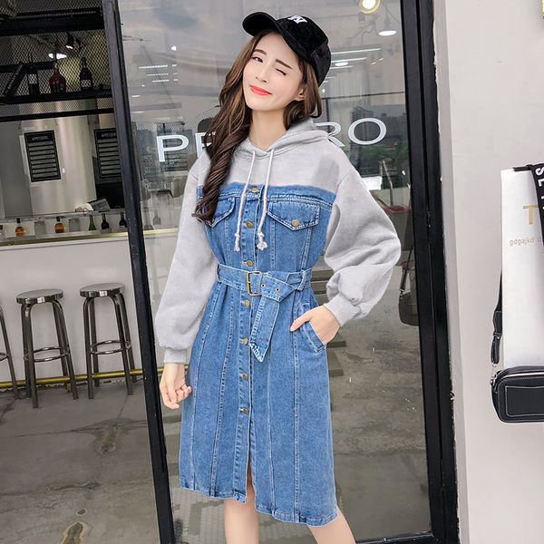 

new 2019 design korean hooded cotton denim dress student preppy style loose a line mid-calf jean dresses student brand, Black;gray